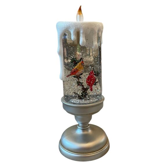 Illuminated Silver Glitter Pedestal Candle 13in Christmas Cardinal New - Picture 9 of 10